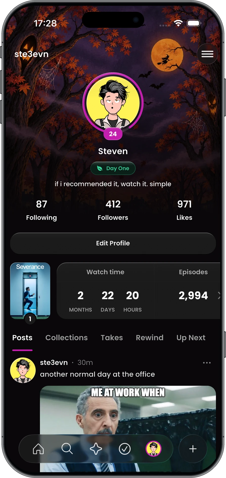 Steven’s Seriesmate profile with Stage 24, watch time, episode stats, and posts.