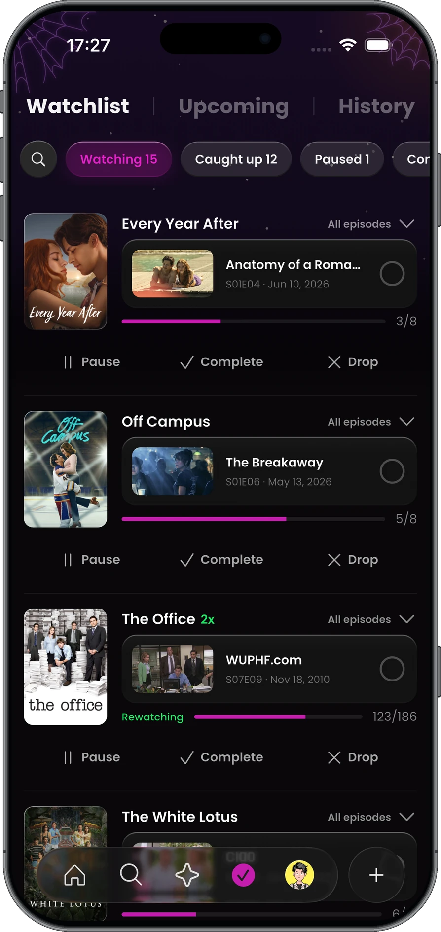 Your Seriesmate watchlist with shows, episodes, and watch progress.
