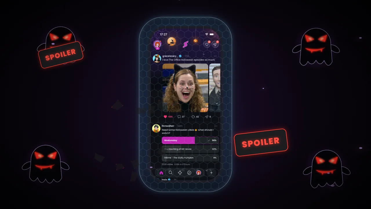 Four spoiler ghosts attack from both sides. A glowing shield protects your Seriesmate feed.